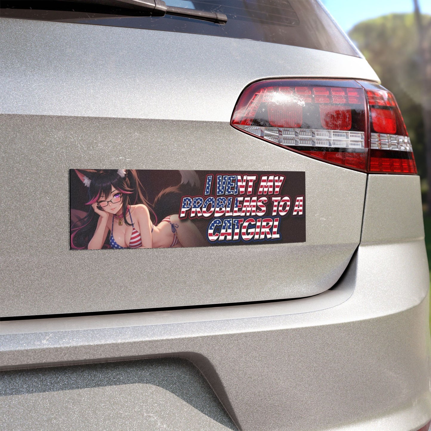Patriotic Anime Catgirl Car Magnet — "I Lent My Problems to a Catgirl"